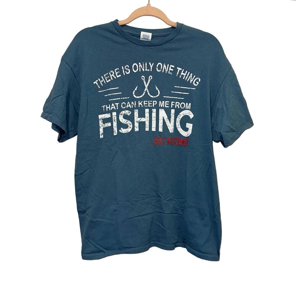 Funny Fishing Graphic T Shirt Blue Cotton Tee Men's Large